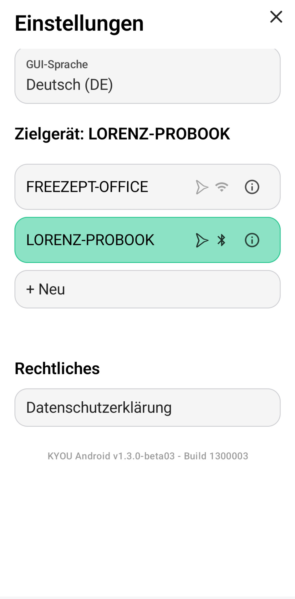 KYOU Einstellungen mit Zielgeräten und rechtlichen Links